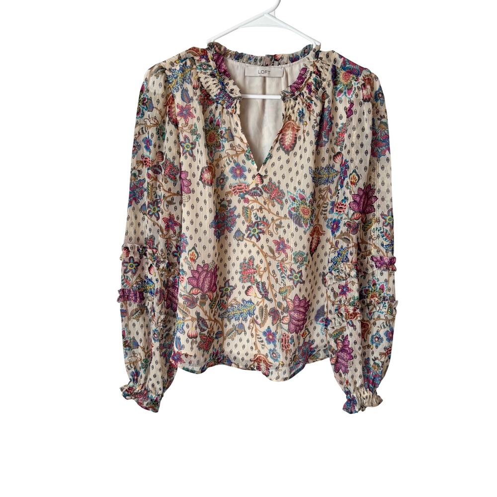 LOFT Floral Paisley Ruffle Split Neck Metallic Lurex Blouse Cream Multi S/597944